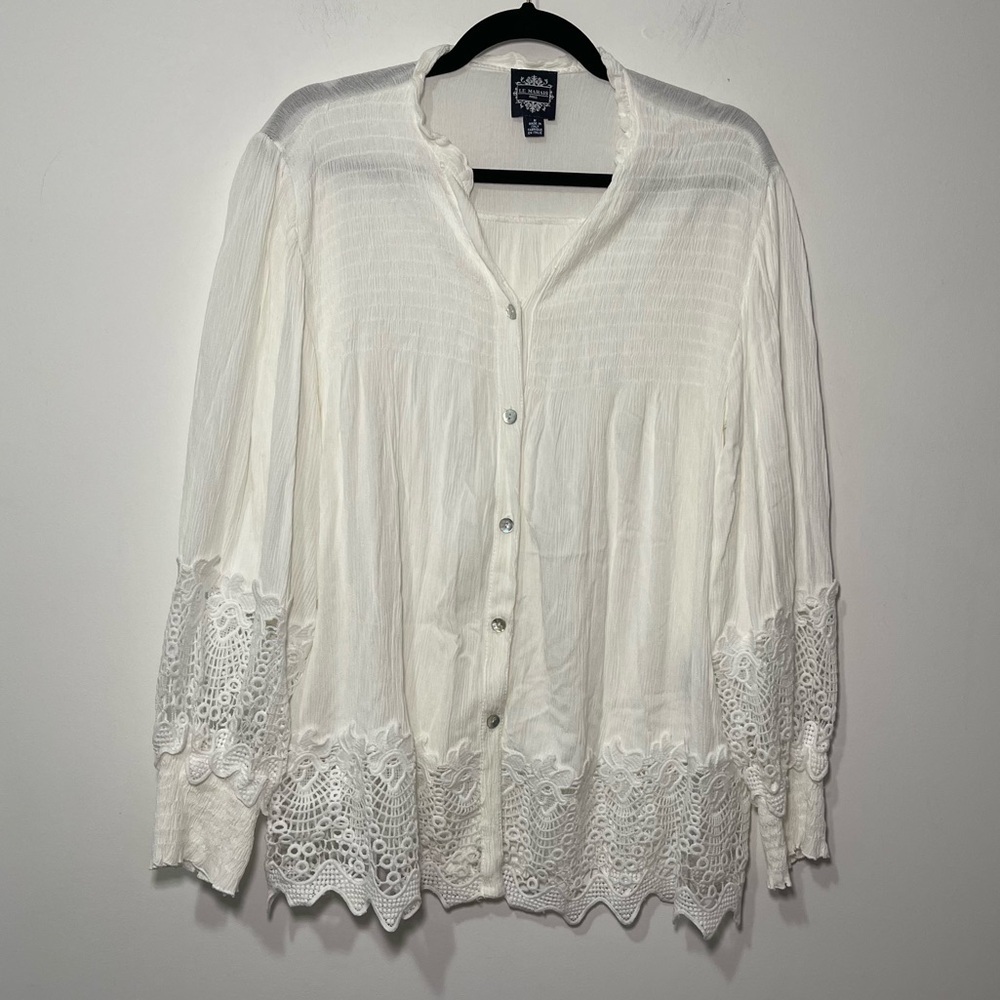 Le Marais Paris Women’s White Button Front Lace Trim Blouse Top boho size M